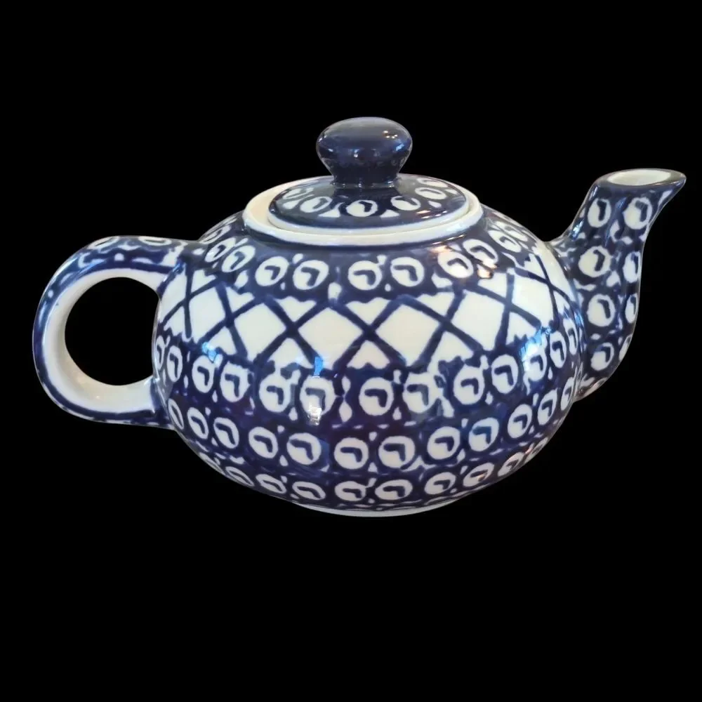 Polish Pottery Authentic Bolesławiec Teapot Hand Made 16 Oz 1 Pint BLUE 2 cups